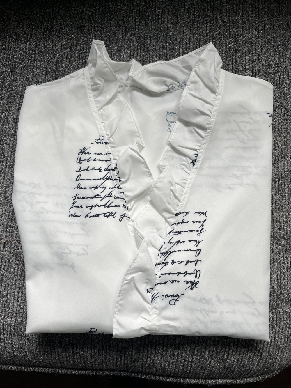 White Ruffle Front Script silky Print Blouse. - Picture 4 of 4